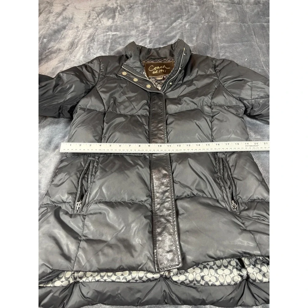 Coach Puffer‎ Jacket Down Fill Black Leather Trim Quilted Women's Size L